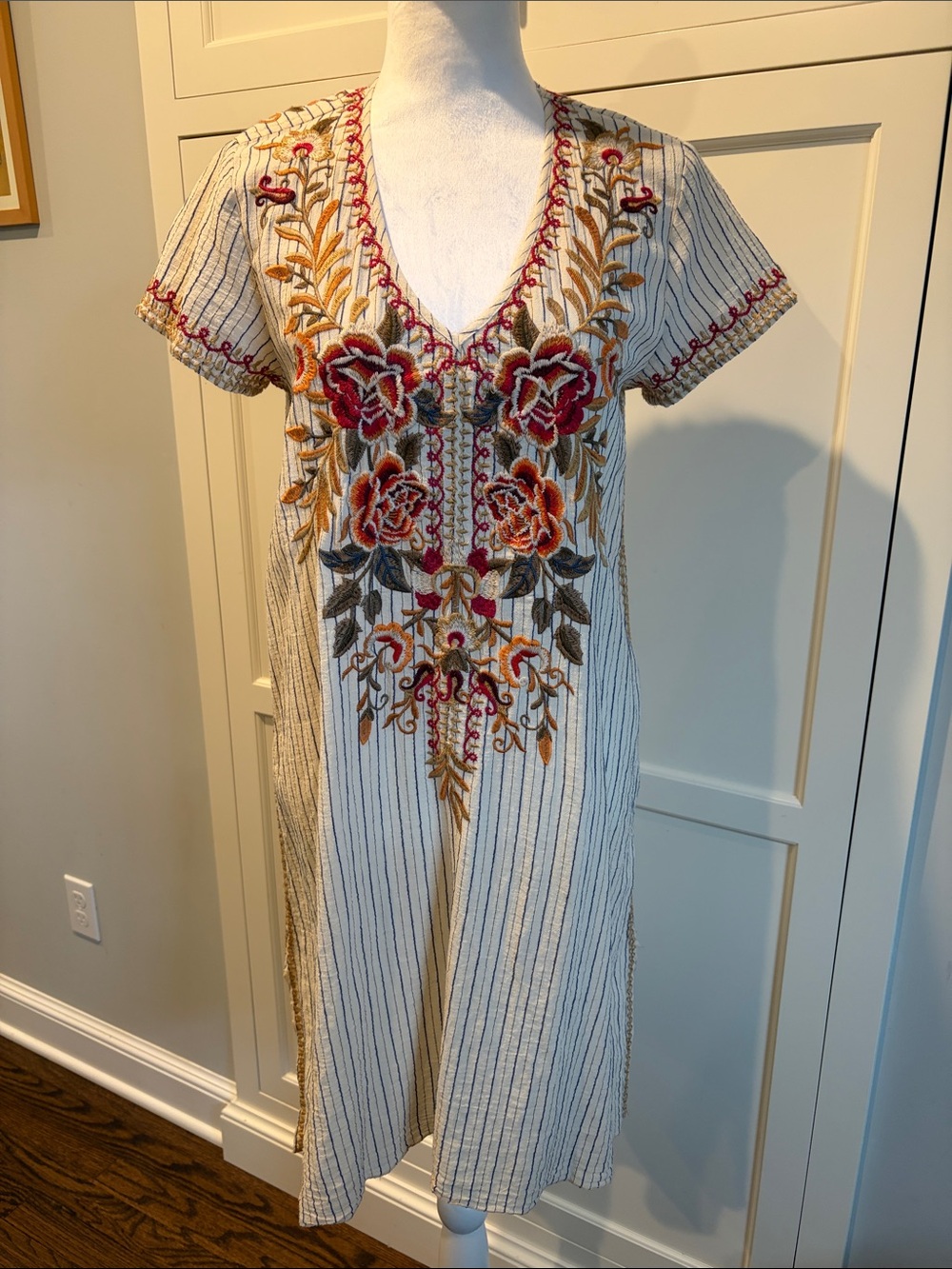 Johnny Was Workshop embroidered 100% cotton tunic dress boho floral, size S